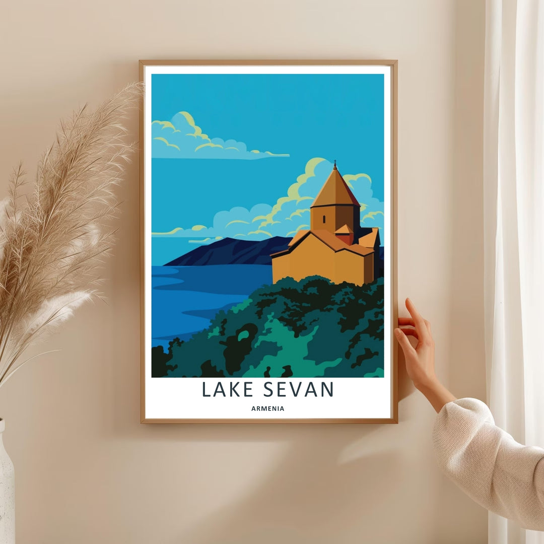 Beautiful high-contrast landscape art print depicting the deep azure waters of Lake Sevan in Armenia with a geometric ochre monastery building, available as a ready-to-hang gallery wrapped canvas print.