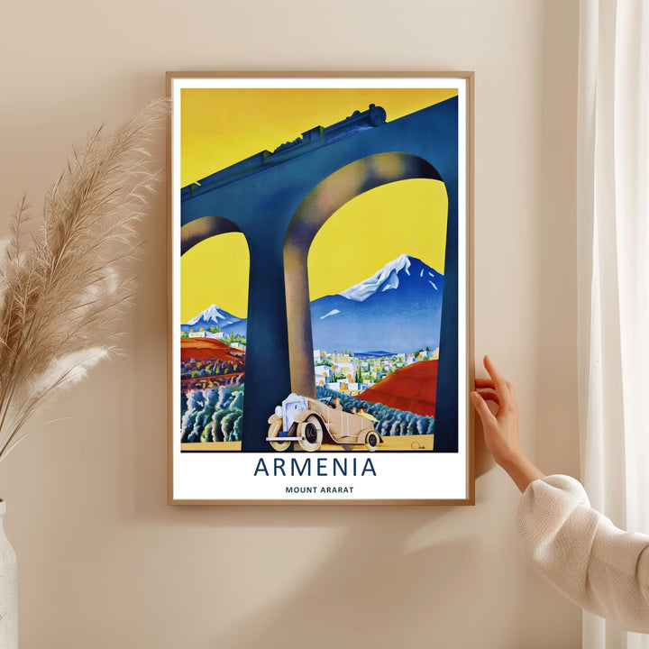 Minimalistic yet highly vibrant scenery design depicting a train layout passing through the landmark location of Mount Ararat, offered as a canvas print or styled inside an elegant retro white frame.