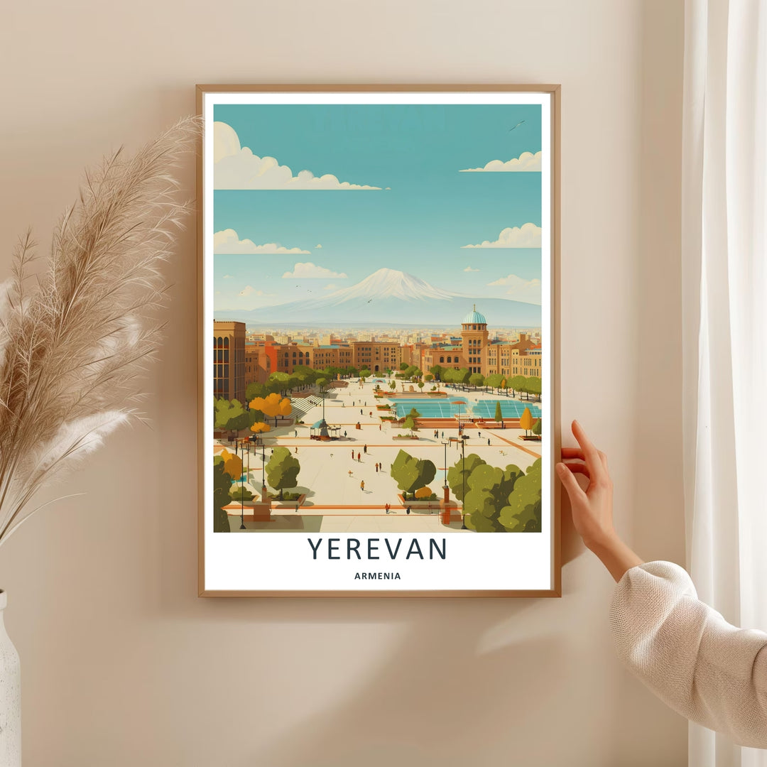 An evocative architectural landscape print of Republic Square in Yerevan featuring soft pink tones and deep green trees, available as a canvas print or a premium bronze framed display.