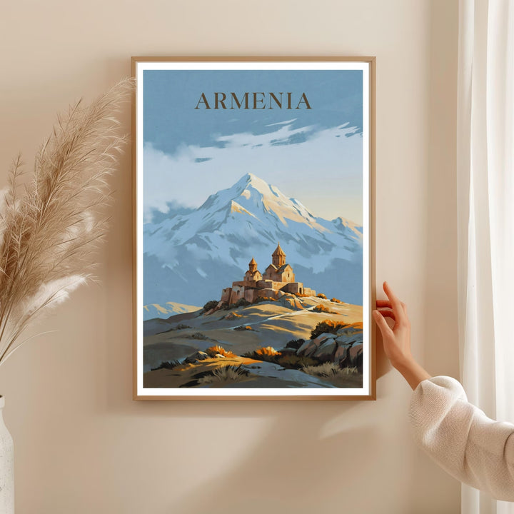 Muted blue and ochre illustration of ancient Armenian stone chapels at the base of a majestic, snowline-draped Mount Ararat mountain, perfect as an un-matted standalone print for custom framing.