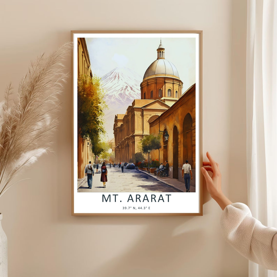 Nostalgic urban design print highlighting people walking along a sun-drenched street with a clear view of Mt. Ararat, making this an ideal choice for modern office wall decor.