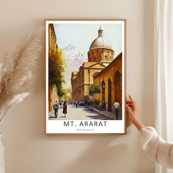 Nostalgic urban design print highlighting people walking along a sun-drenched street with a clear view of Mt. Ararat, making this an ideal choice for modern office wall decor.
