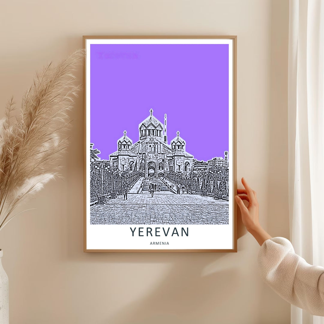 Retro pop-art illustration of the pathways leading to Saint Gregory the Illuminator Cathedral under a solid purple sky, perfect as an un-matted standalone print for custom frame sizing options.