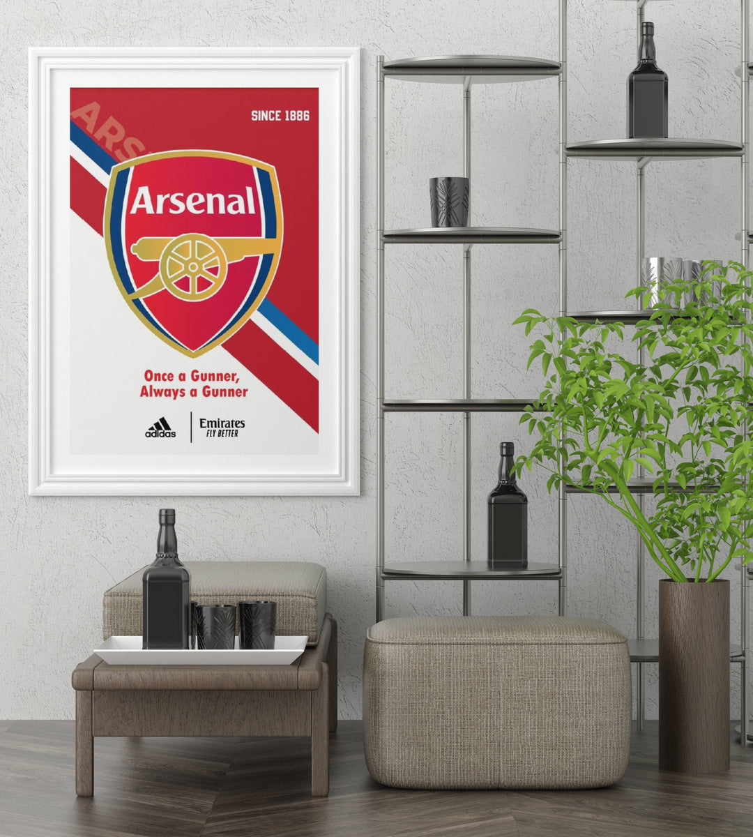 Framed Arsenal poster on a wall in a modern living room.