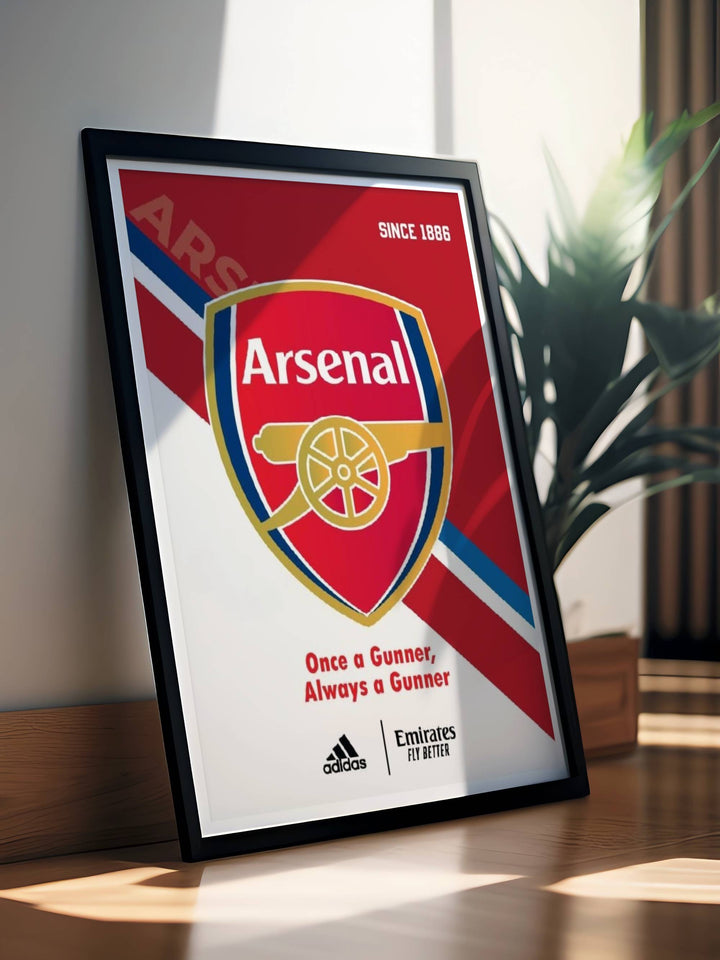 Add a touch of timeless athletic charm to your dining space or home bar with this colorful poster of Arsenal FC Since 1886, celebrating the iconic red shield crest and the famous slogan text under crisp studio lighting.
