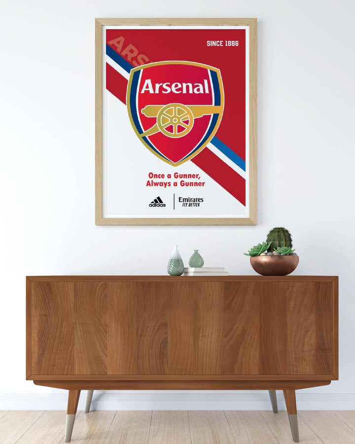 This premium fan art print of Arsenal FC Since 1886 serves as a bright, sophisticated accent piece for traditional home decor, blending clean modern club branding with a high-contrast diagonal kit stripe background.