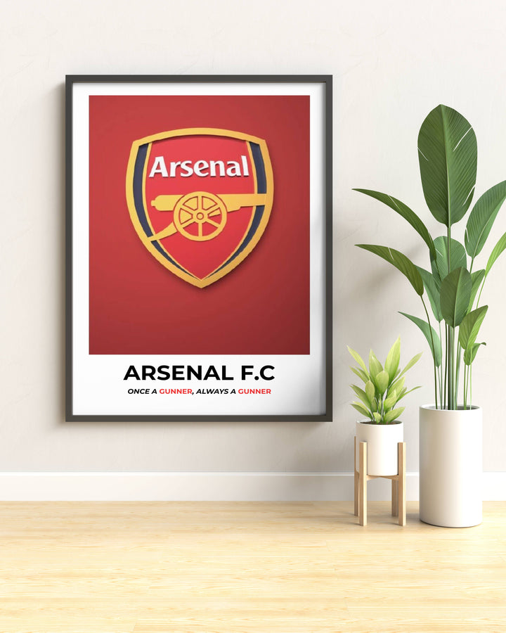 Official Arsenal F.C. merchandise poster featuring a clean graphic illustration of the classic football cannon shield over a modern geometric typeface configuration.