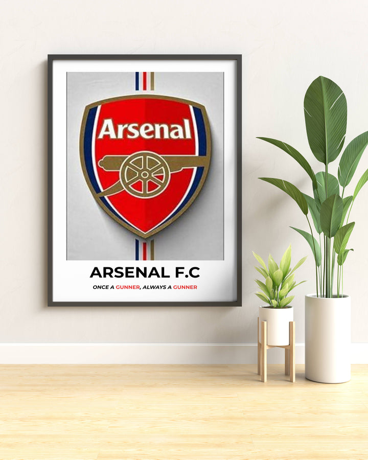 Framed Arsenal shield crest wall hanging print display with clean white mat border and historic red and gold cannon insignia, perfect for decorating a living room, bedroom, or home office.