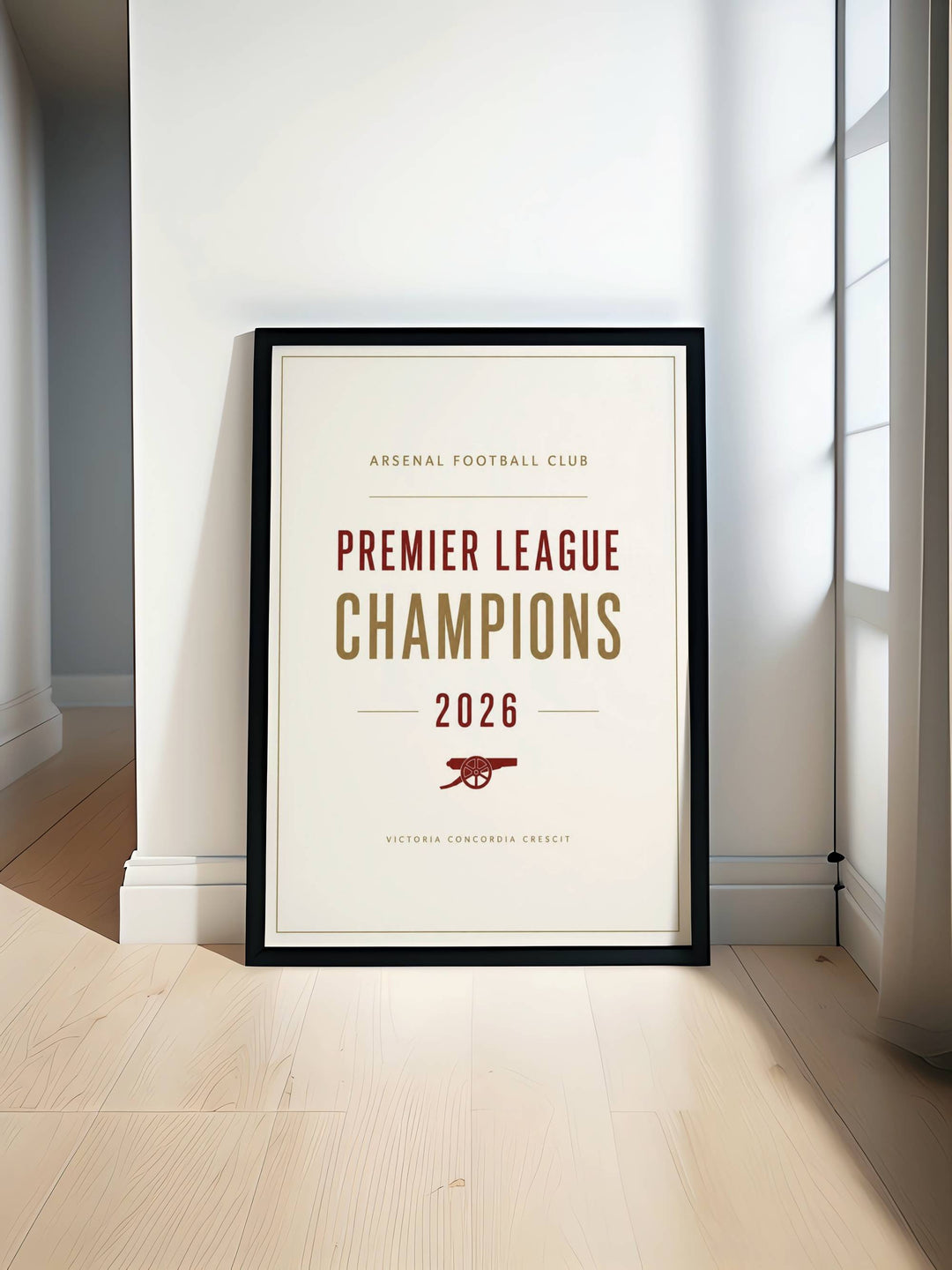 An elegant print style of the historic championship milestone at Emirates Stadium in London with clean text, offered as an unframed print, wrapped canvas, or premium retro black frame finish.