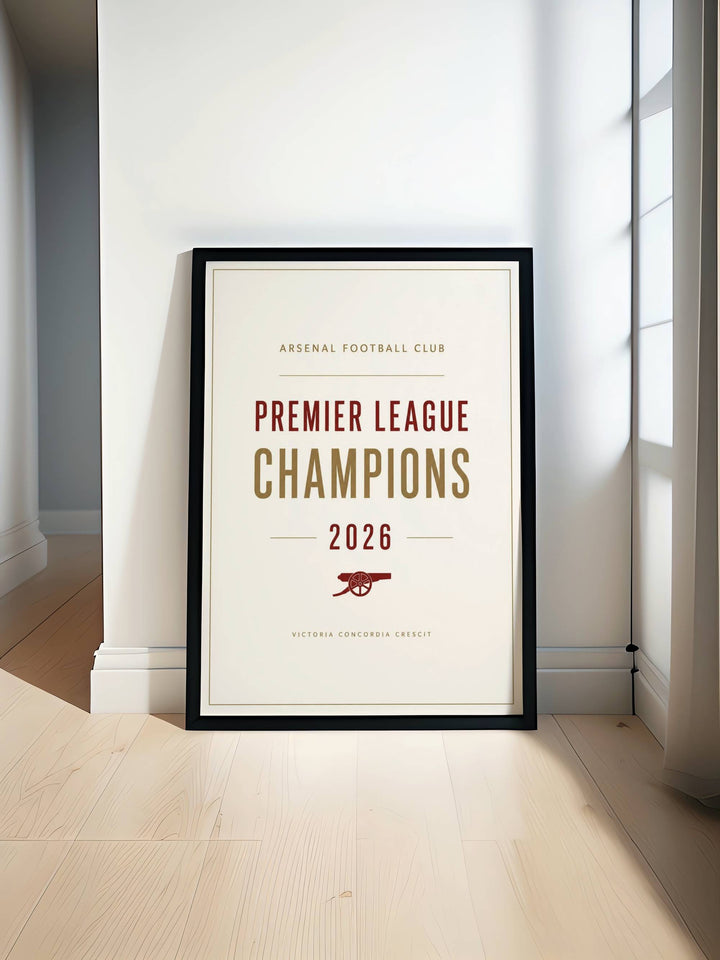 An elegant print style of the historic championship milestone at Emirates Stadium in London with clean text, offered as an unframed print, wrapped canvas, or premium retro black frame finish.