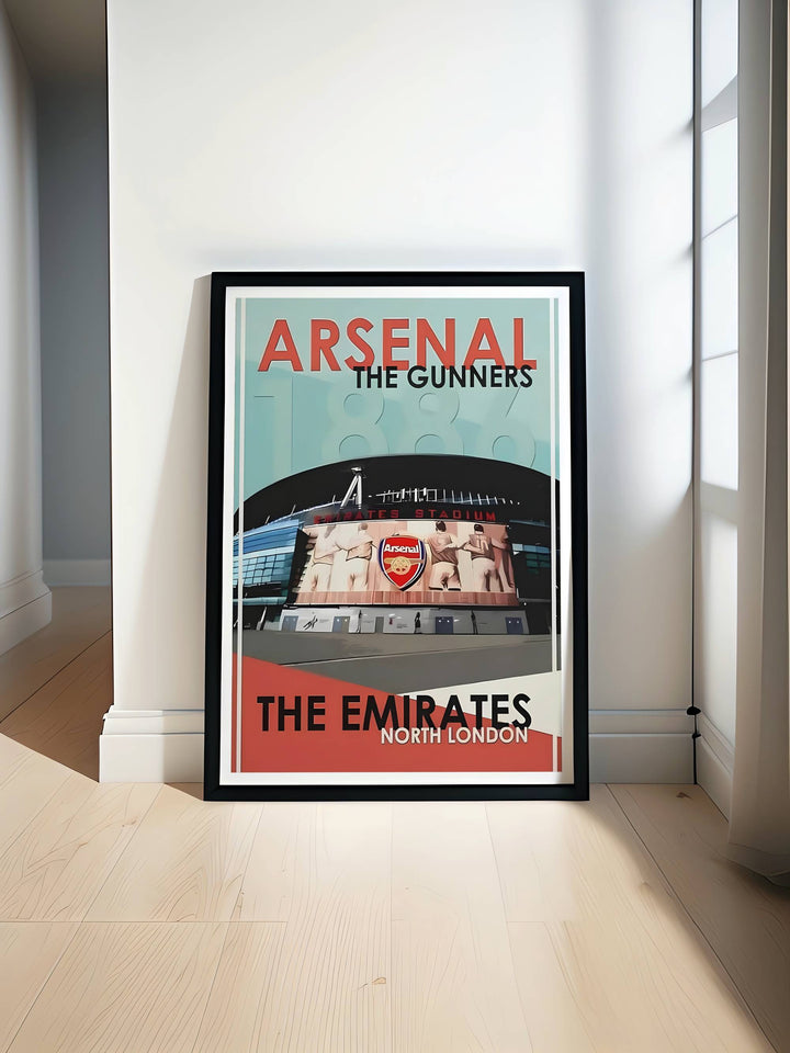 Emirates Stadium wall art print set in a vintage travel-poster style, showcasing Arsenal FC&