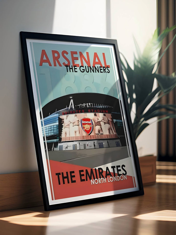 Vintage poster of the Emirates Stadium entrance in North London, showing the stadium signage, crest mural, and "The Emirates" lettering below, offered as framed, unframed, or canvas wall art.
