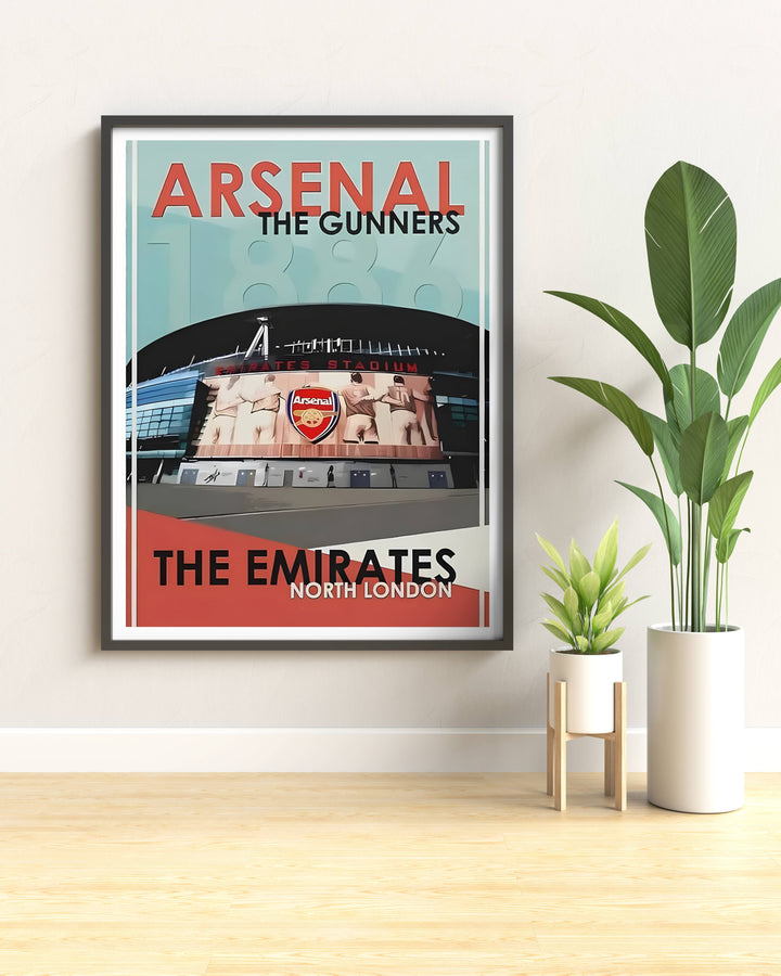 Wall art print of the Emirates Stadium exterior in North London, featuring bold vintage typography and the Arsenal crest mural above the main entrance, offered as framed, unframed, or canvas wall art.