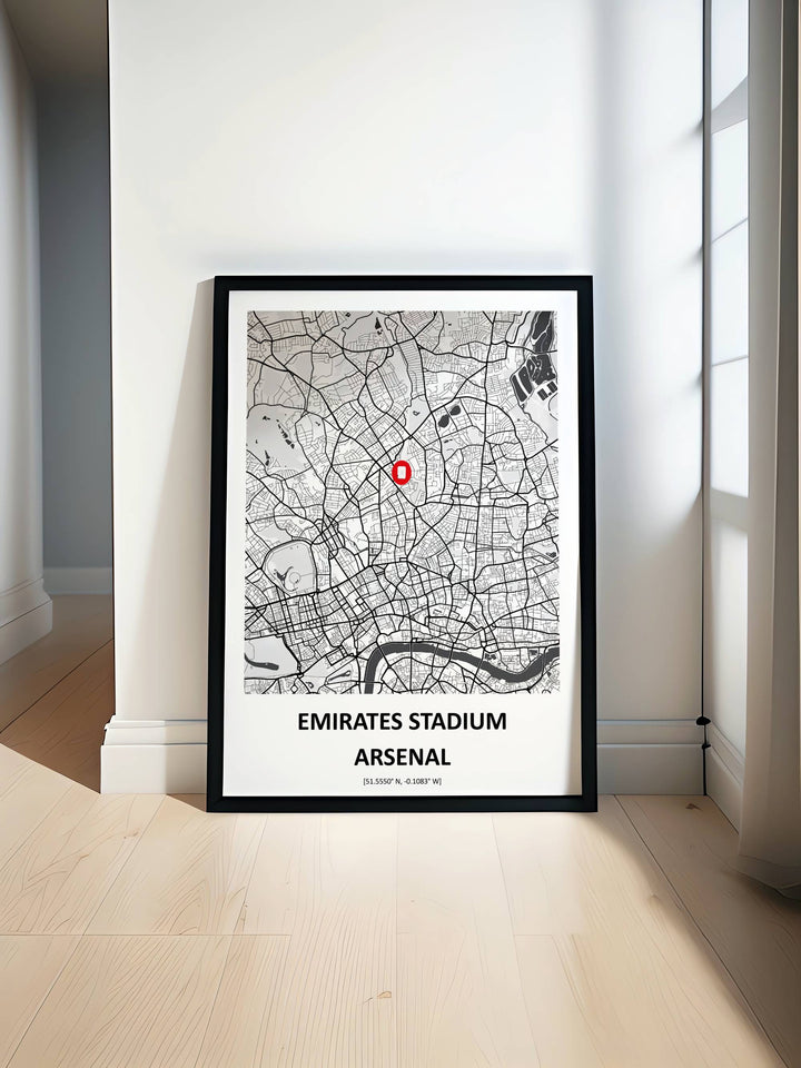 Emirates Stadium wall art print set in a minimalist monochrome map style, showcasing Arsenal FC&