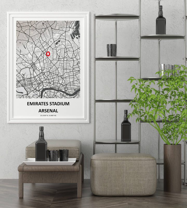 Arsenal FC map poster featuring a red location pin over the Emirates Stadium in North London, with clean bold typography and precise coordinates, available in framed, unframed, and canvas formats.