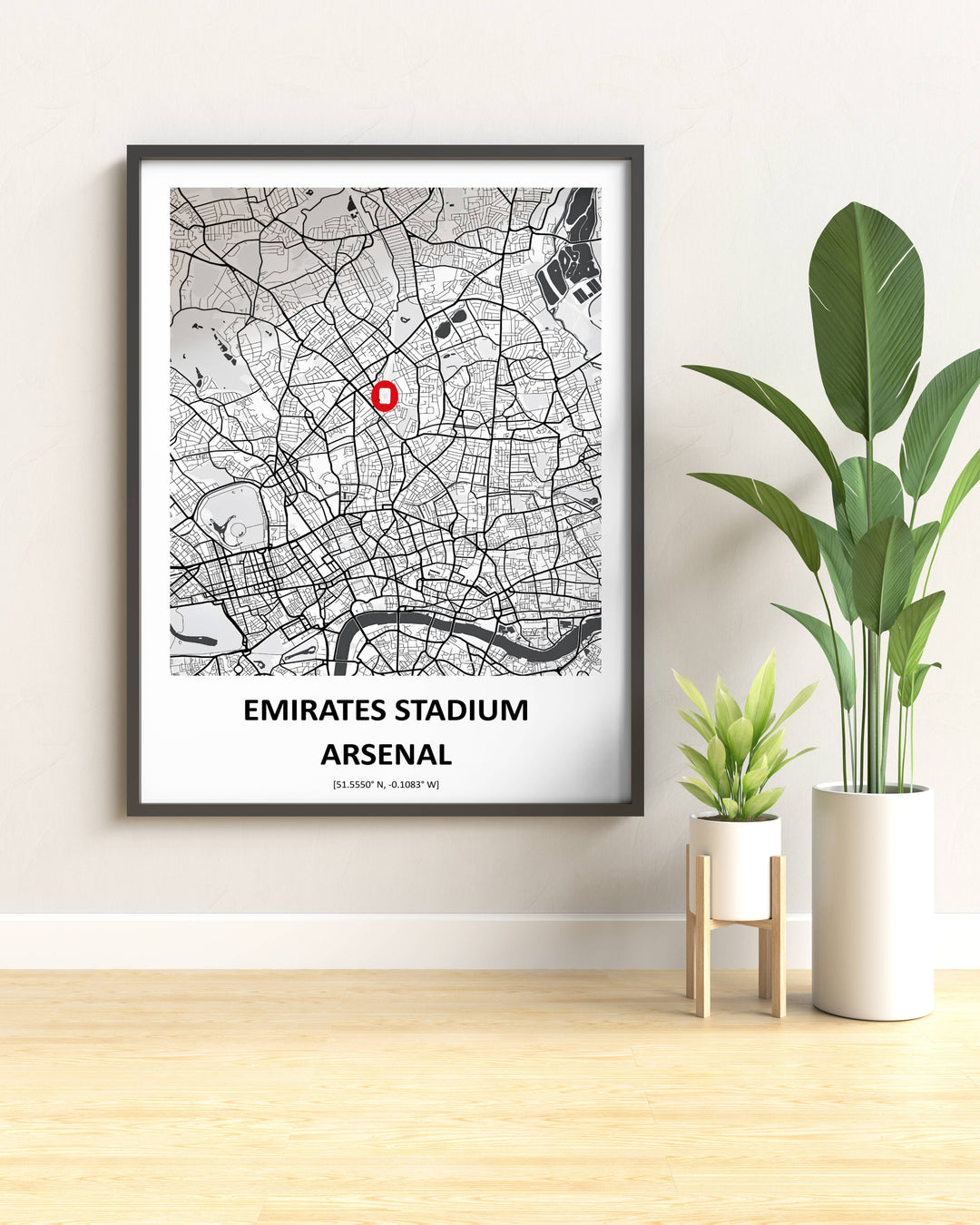 Arsenal FC stadium location poster centered on the Emirates Stadium in North London, designed in a minimalist monochrome map style with clean caption typography, available as an unframed print, canvas, or framed wall decor piece.