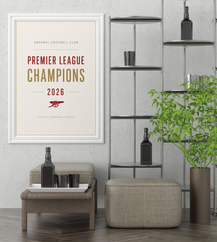 Sleek football home decor celebrating the 2026 trophy win at Emirates Stadium in London, available to order as a wrapped canvas format or a premium white frame profile layout to suit your walls.