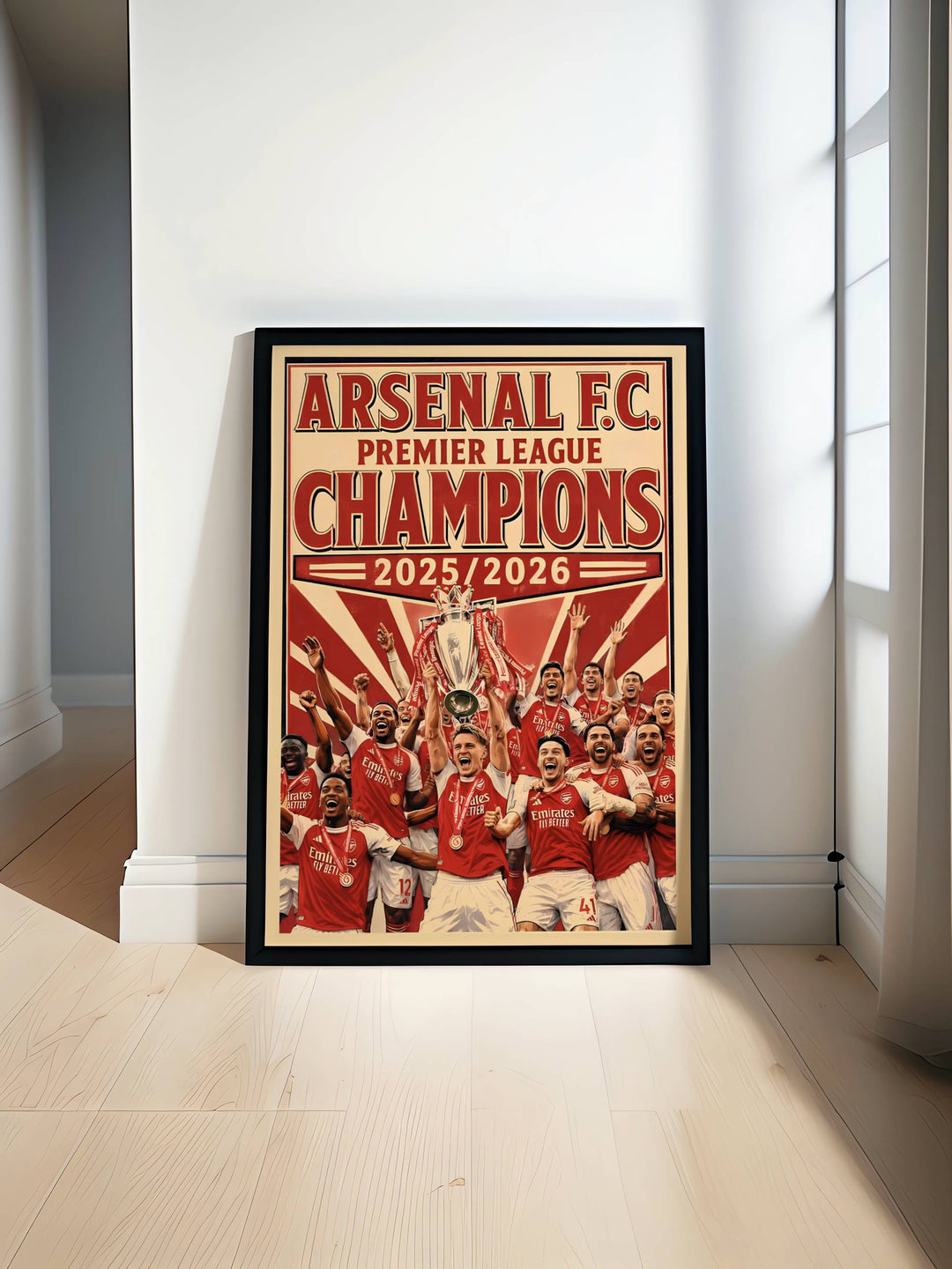 Minimalist football travel poster style graphic of the iconic championship honors at Emirates Stadium in London without text, customizable as a textured canvas piece or a wood framed wall accent decoration.