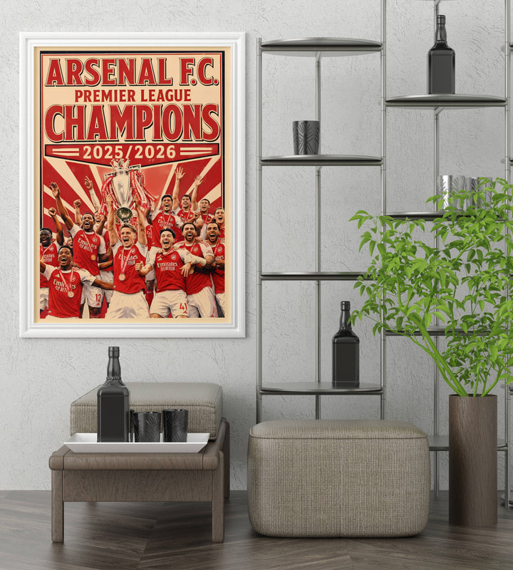 A bold graphic travel poster capturing the historic trophy lift and vibrant team architecture at Emirates Stadium in London, ready to order as an unframed print or a natural wood frame design.
