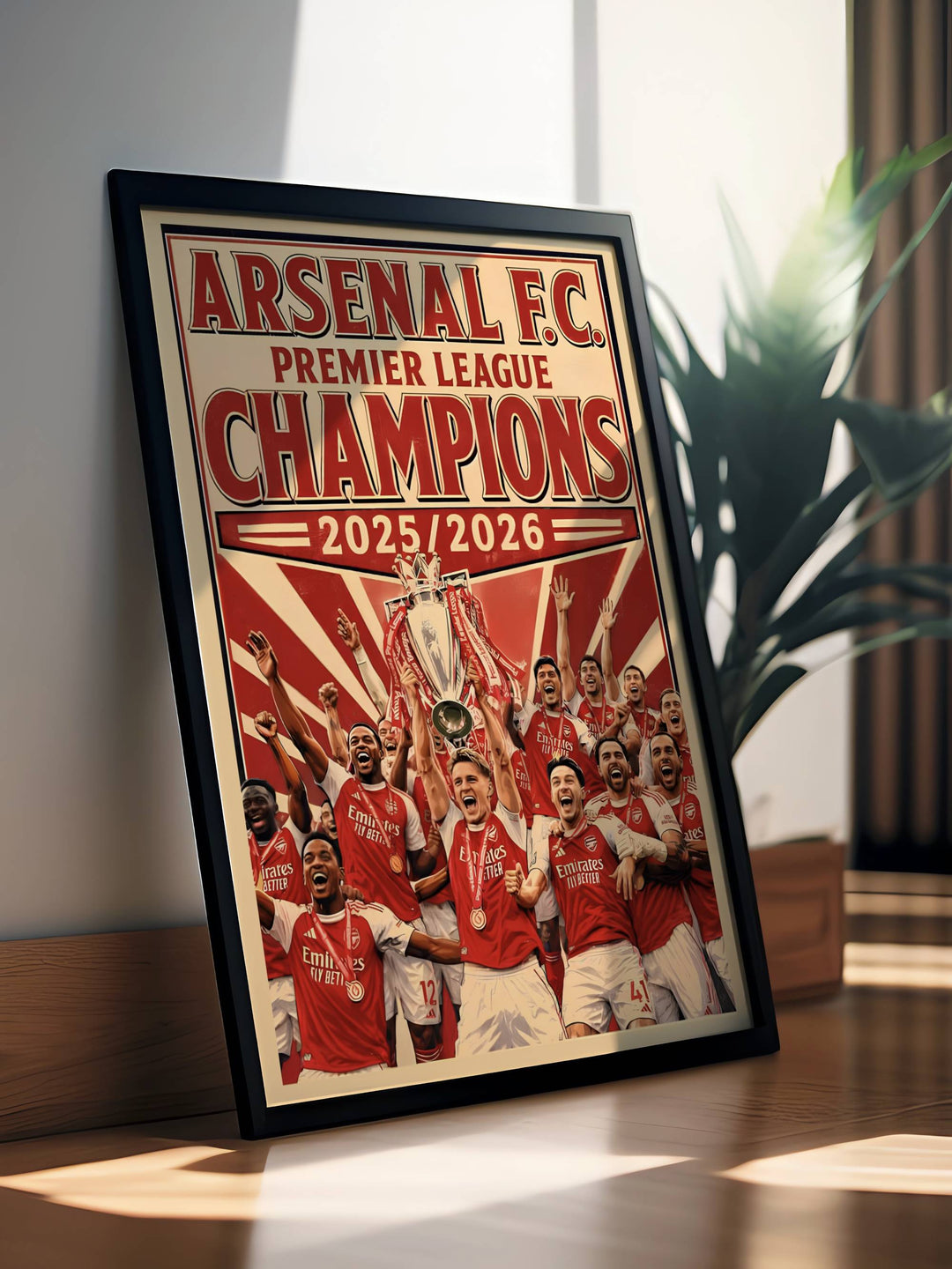 A detailed artistic sports poster displaying an elegant neighborhood celebration from inside Emirates Stadium in London, selectable as a high-quality wrapped canvas format or a loose poster print option.