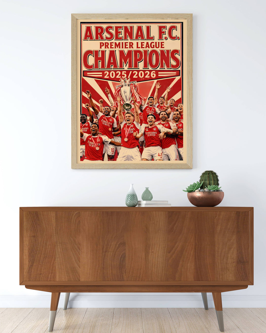 Colorful retro illustration print of the world-famous football podium scene and red sunburst background at Emirates Stadium in London, crafted as a premium canvas wall print or a luxury gold framed piece.
