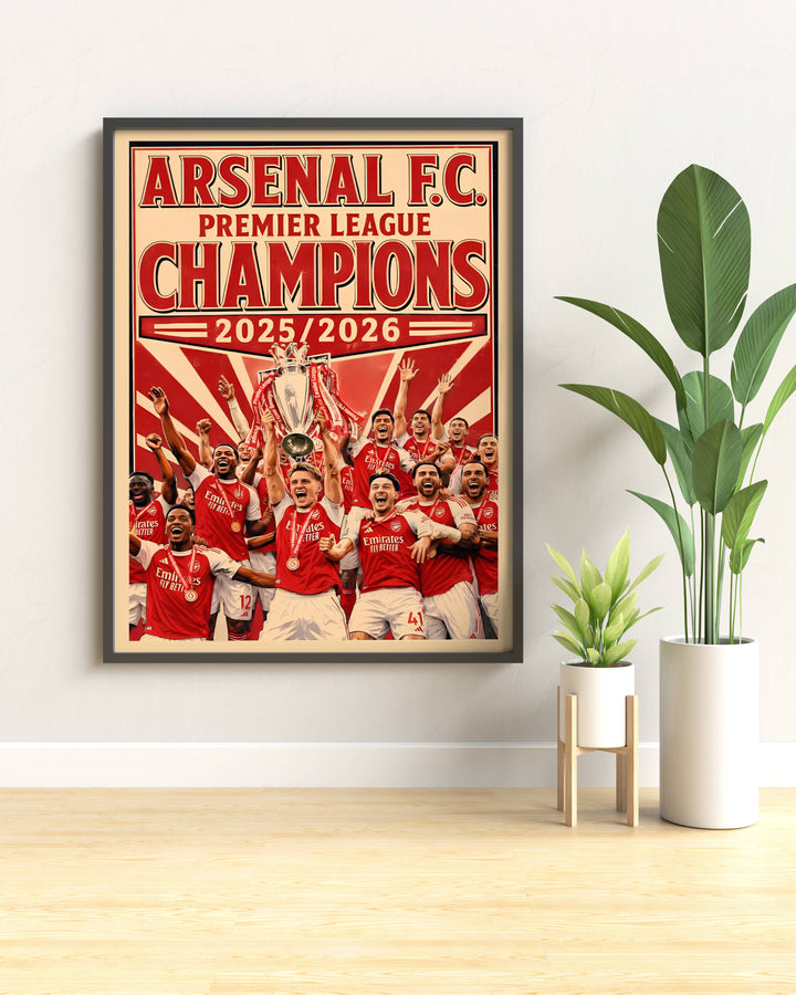 Modern wall art featuring a retro style layout of the iconic championship squad and trophy celebration at Emirates Stadium in London, ordered as a stretched canvas format or standalone poster.