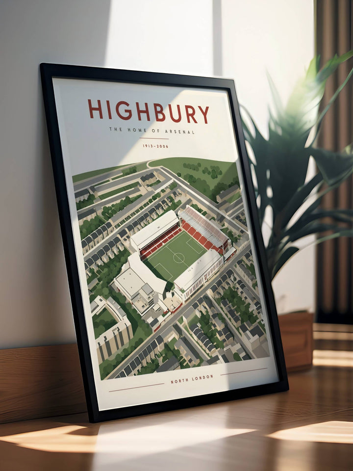 Travel poster of Highbury, the historic home of Arsenal Football Club in North London, illustrated from above with the pitch, stands, and residential streets rendered in a soft retro color palette, offered as framed, unframed, or canvas wall art.