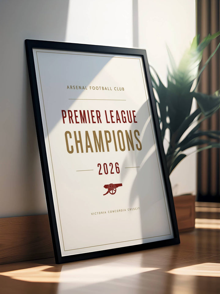 High-contrast typography artwork of the 2026 title winners featuring the iconic red cannon at Emirates Stadium in London, custom made as a canvas print or a retro white framed poster design.