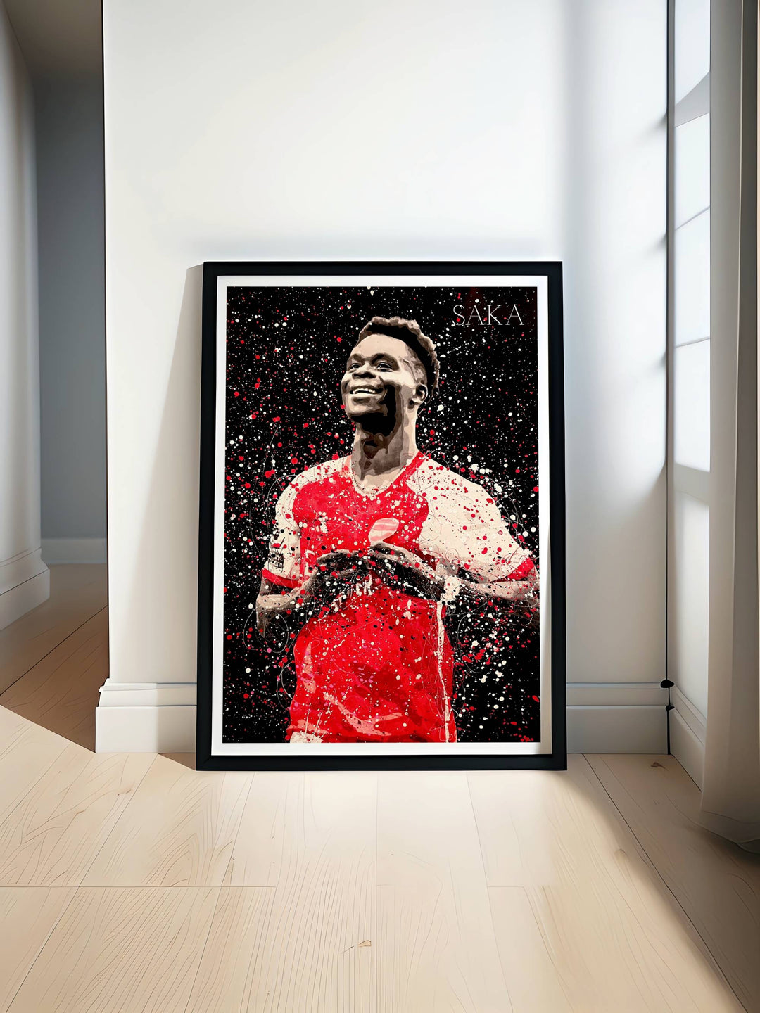 Bukayo Saka wall art print set in a splatter-paint style, showcasing the Arsenal FC winger&