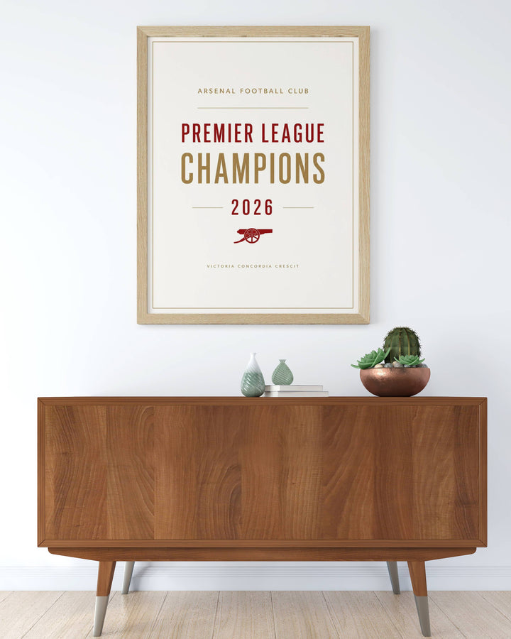 A sleek sports and graphic layout of the historic football title celebration honors at Emirates Stadium in London, available as a textured canvas or a custom contemporary bronze frame.