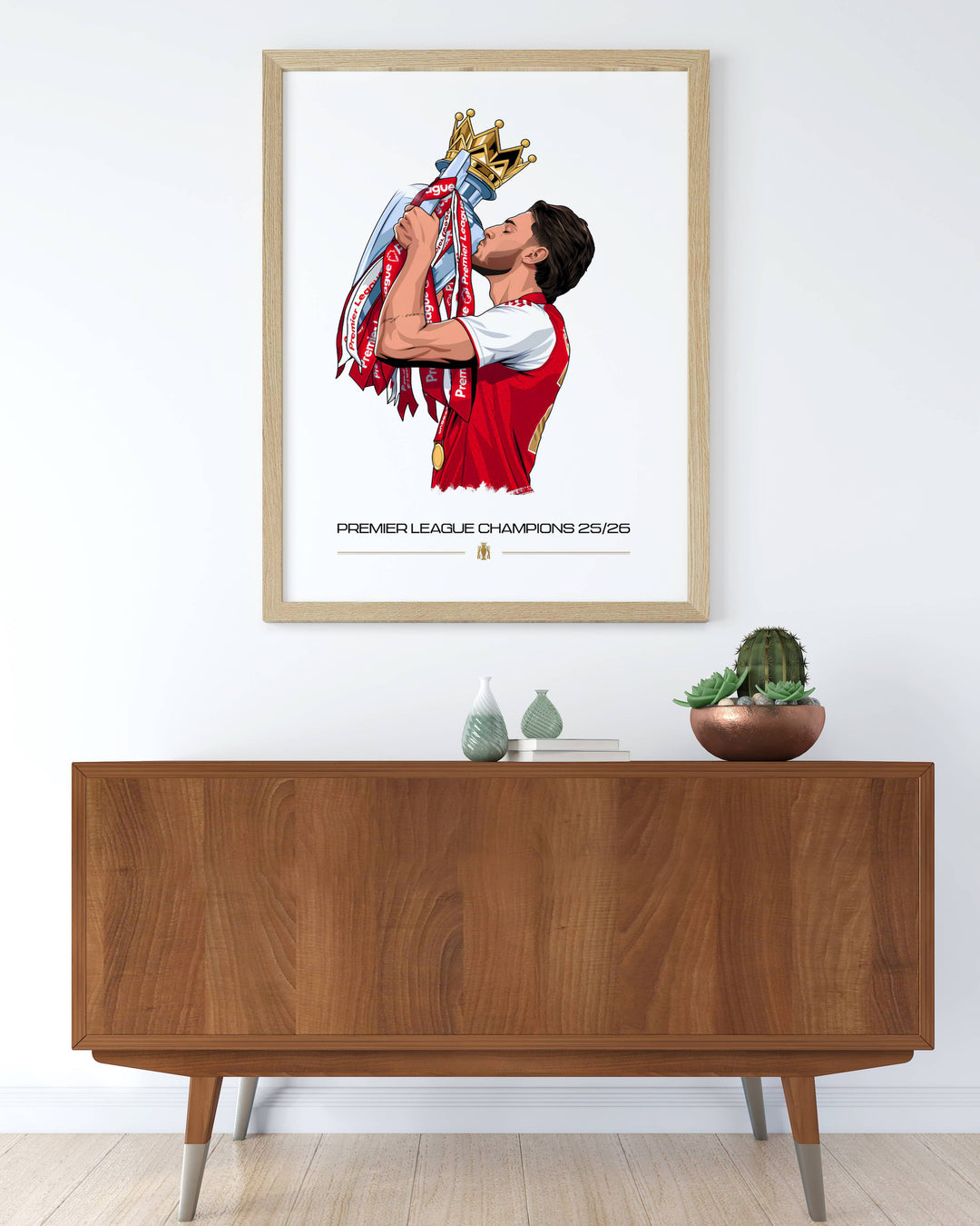 Print celebrating Declan Rice and Arsenal FC as Premier League Champions 25/26, illustrated with the crowned North London midfielder embracing the trophy, available unframed, canvas, or framed.