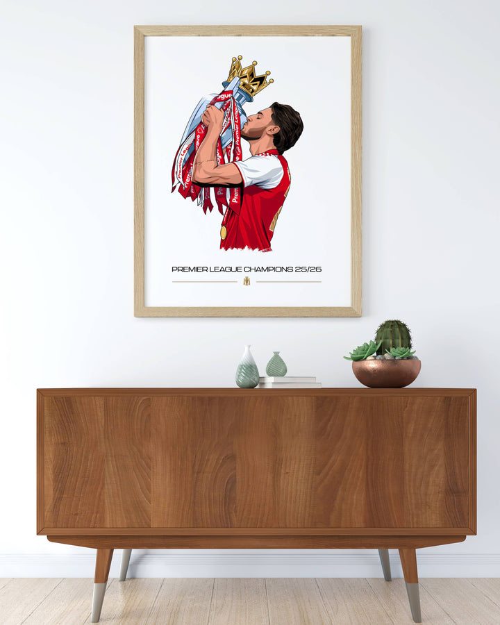 Print celebrating Declan Rice and Arsenal FC as Premier League Champions 25/26, illustrated with the crowned North London midfielder embracing the trophy, available unframed, canvas, or framed.