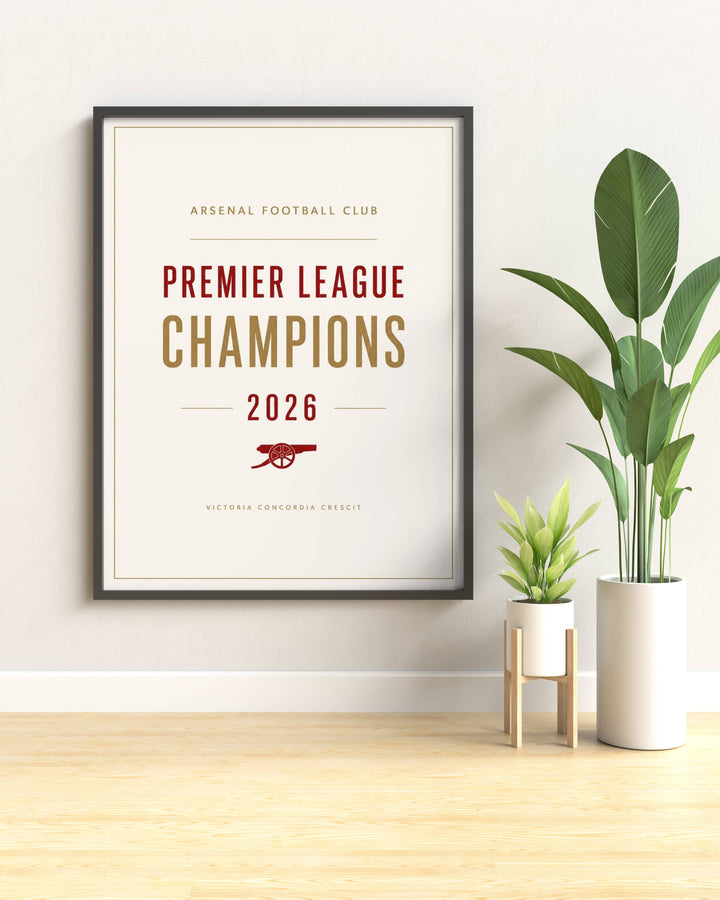 A stylized lifestyle print displaying an understated fine art design celebrating the team at Emirates Stadium in London, with options to purchase as an unframed print or a silver frame finish.