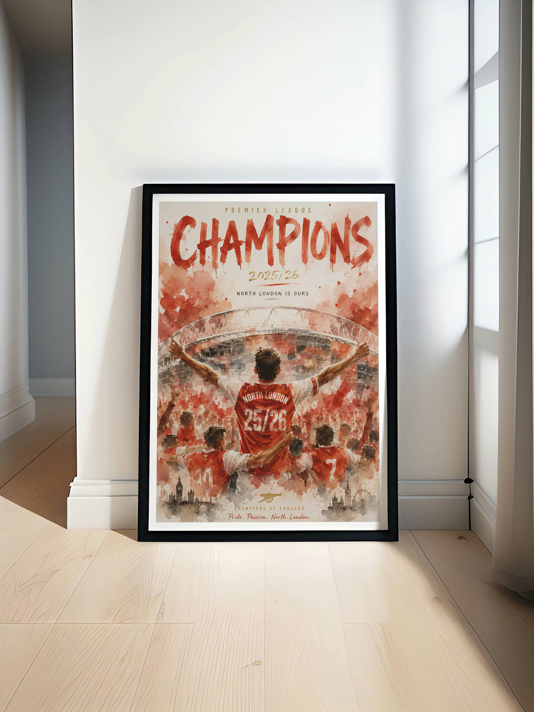 Arsenal FC wall art print set in a watercolor illustration style, showcasing the North London club&