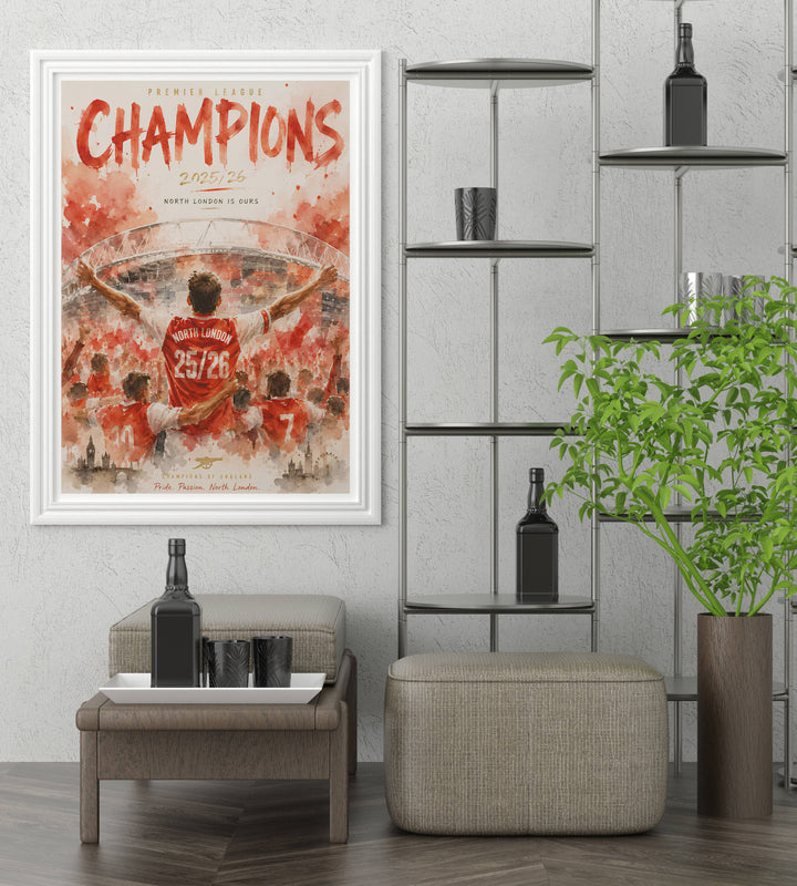 Arsenal Champions poster capturing a North London title celebration outside the Emirates Stadium, with bold red brush-lettering and the club&