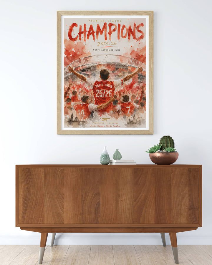 Arsenal FC trophy season poster showing a watercolor crowd celebration in front of the Emirates Stadium, marking the North London club&