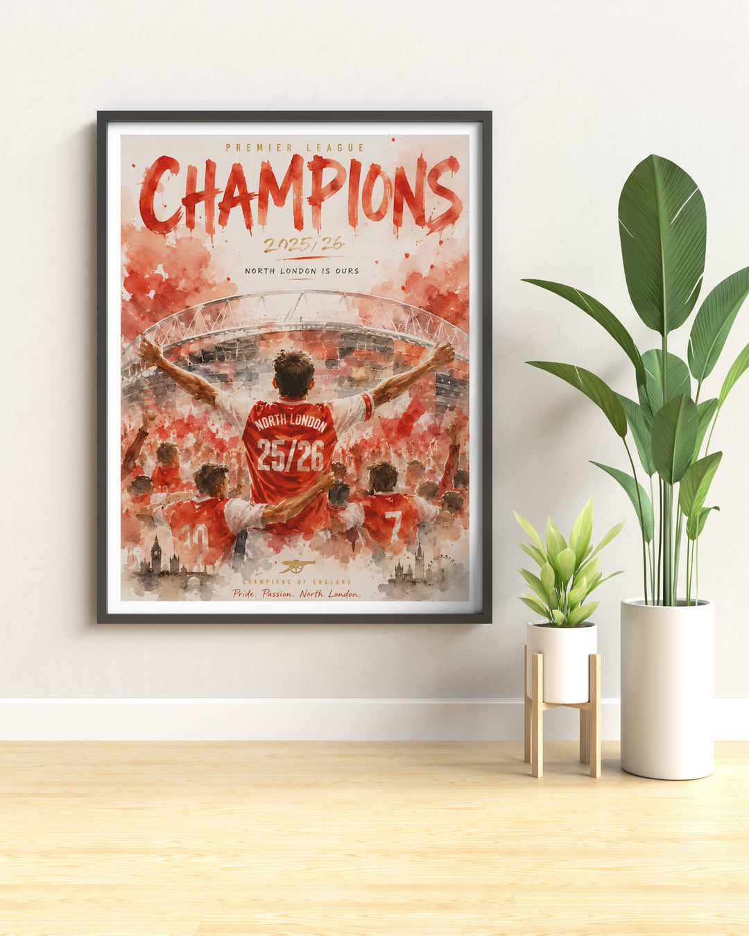 Wall art print of an Arsenal Premier League Champions celebration, featuring the Emirates Stadium&