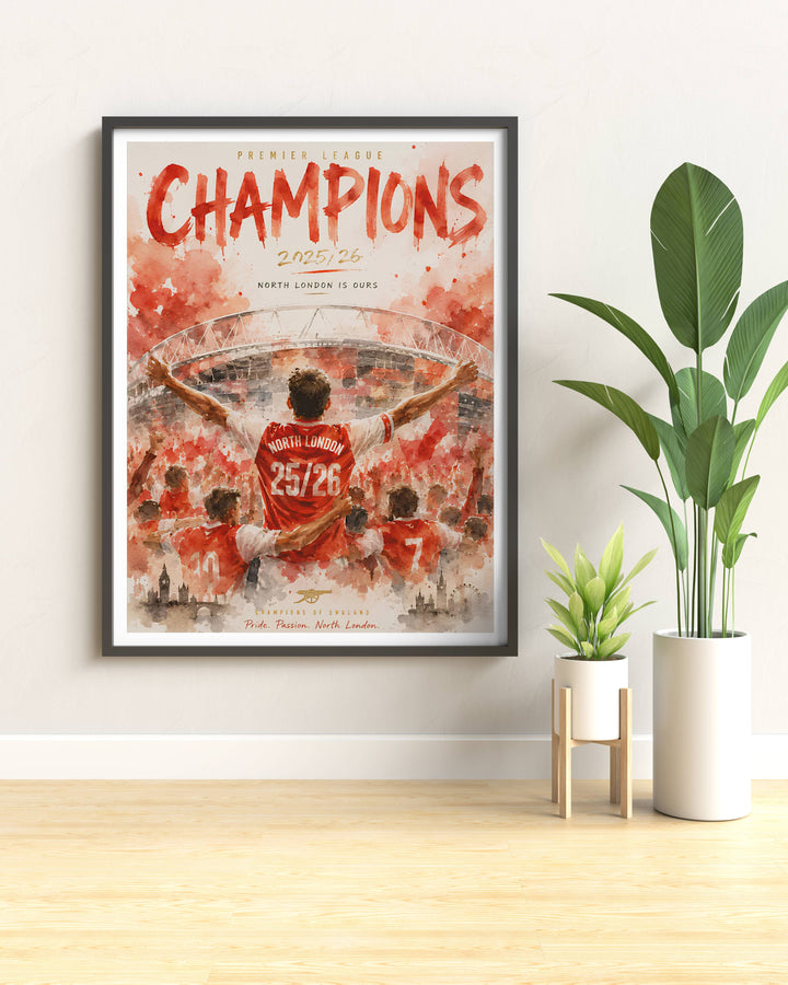 Wall art print of an Arsenal Premier League Champions celebration, featuring the Emirates Stadium&