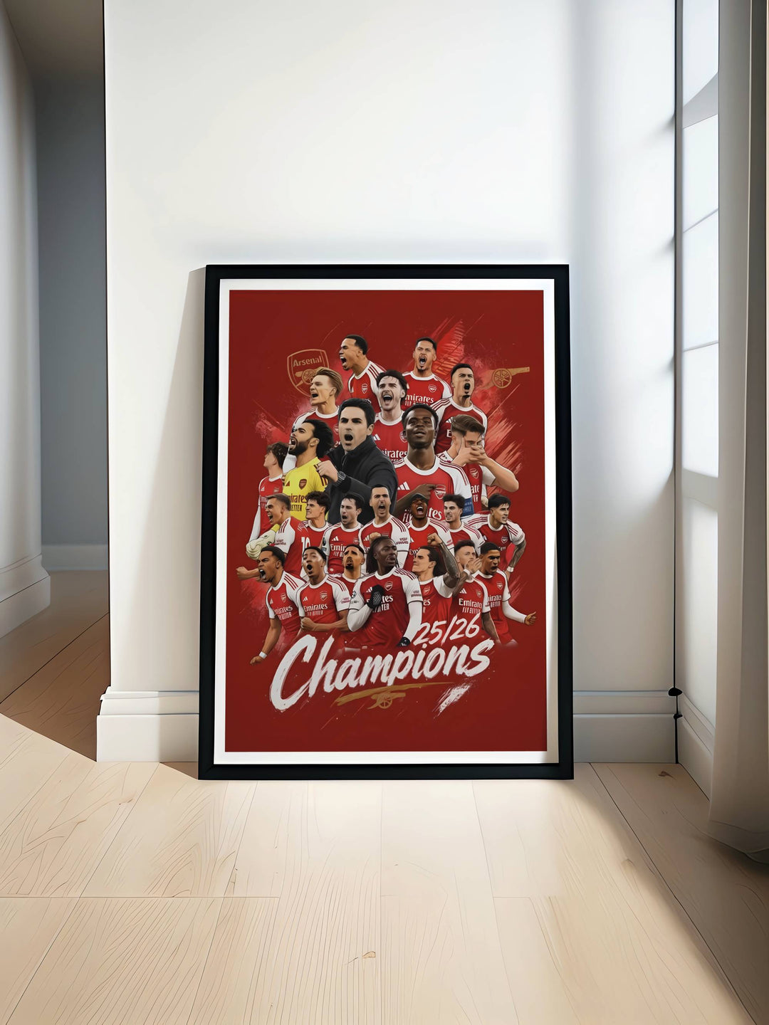 Arsenal FC wall art print set in a bold illustrated collage style, showcasing the North London club&