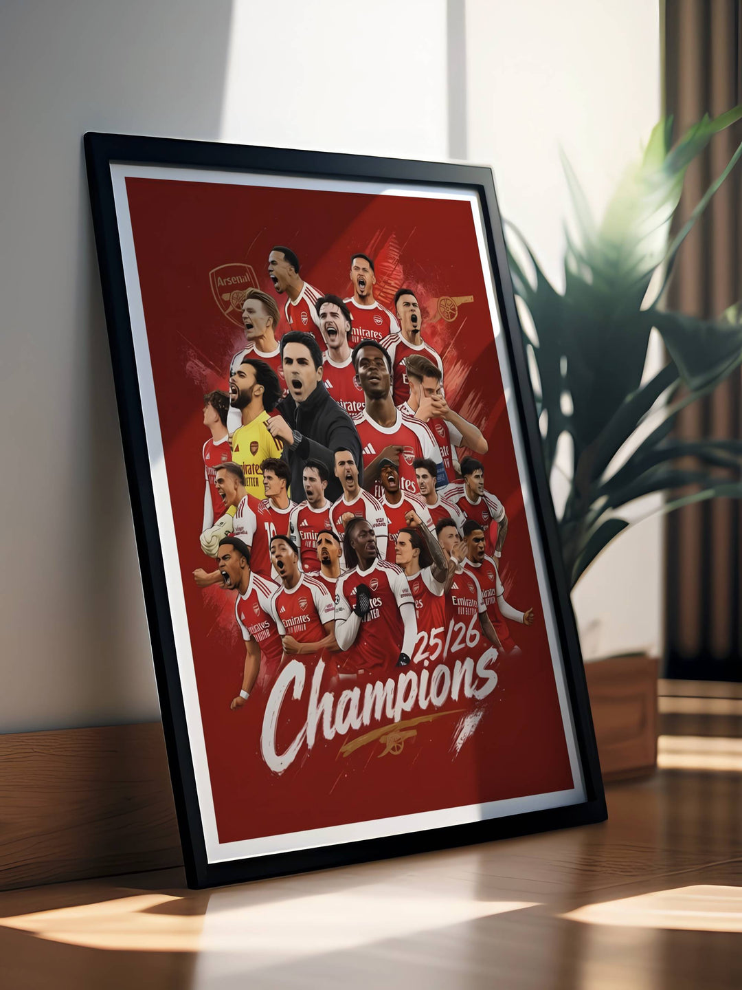 Print celebrating Arsenal FC as Premier League Champions 25/26, illustrated with the North London club&