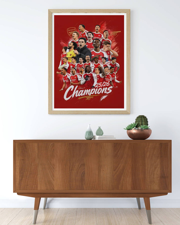 Arsenal FC squad poster showing a title-winning celebration in bold illustrated collage style, marking the North London club&