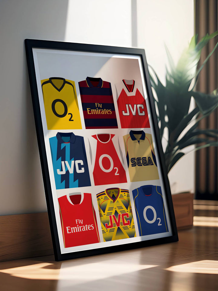 Arsenal FC retro kits poster arranged in a nine-panel grid, spanning decades of jerseys worn by the North London side, from JVC away kits to the Sega gold shirt, offered as framed, unframed, or canvas wall art.