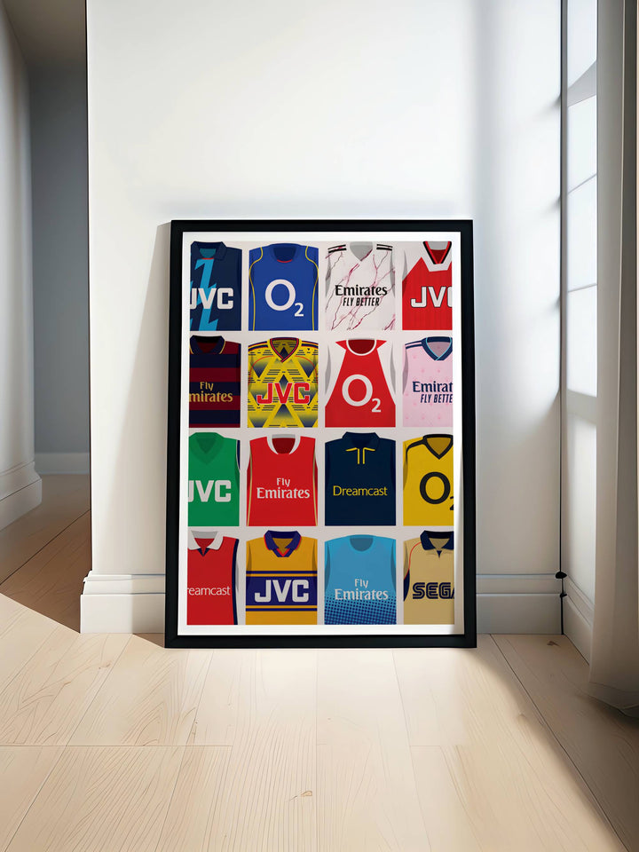 Arsenal FC kit timeline poster arranged in a sixteen-panel grid, spanning decades of jerseys worn by the North London side, from Dreamcast navy shirts to the Emirates Fly Better marble kit, offered as framed, unframed, or canvas wall art.