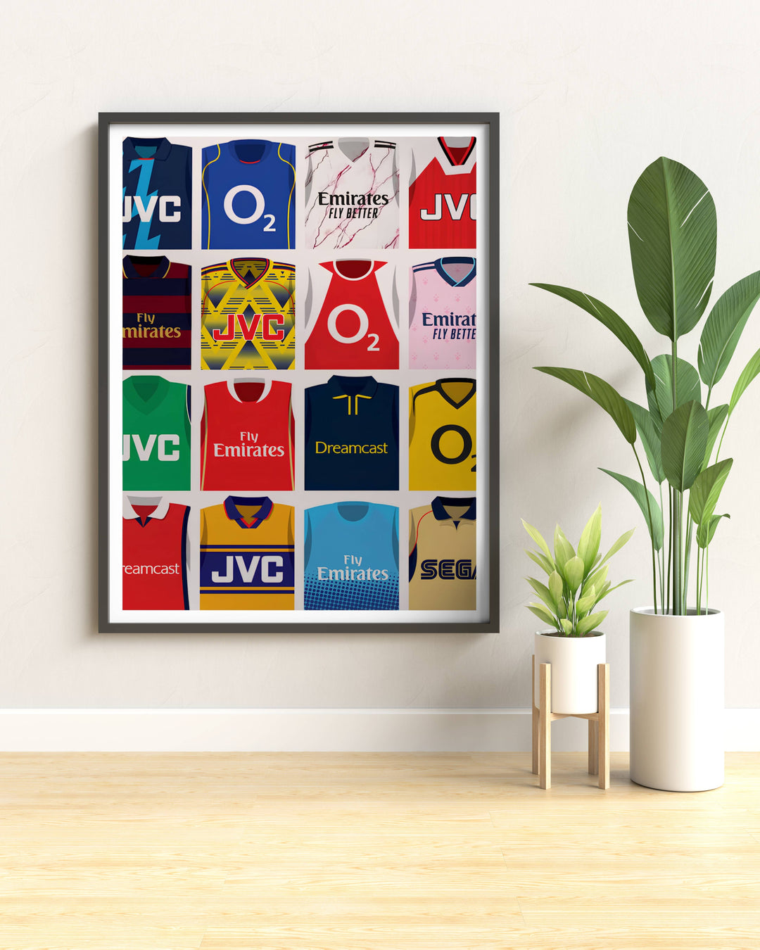 Arsenal FC nostalgia poster featuring sixteen classic shirts, from the green JVC away kit to the marble Emirates Fly Better strip, a tribute to the North London club&