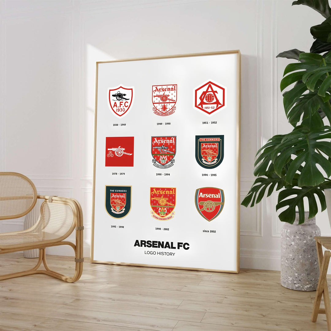 Vintage football crest chart art print illustrating classic Woolwich Arsenal cannons and modern emblems for North London supporters, available from MapYourDreams as an unframed poster, canvas art, or custom framed print setup.