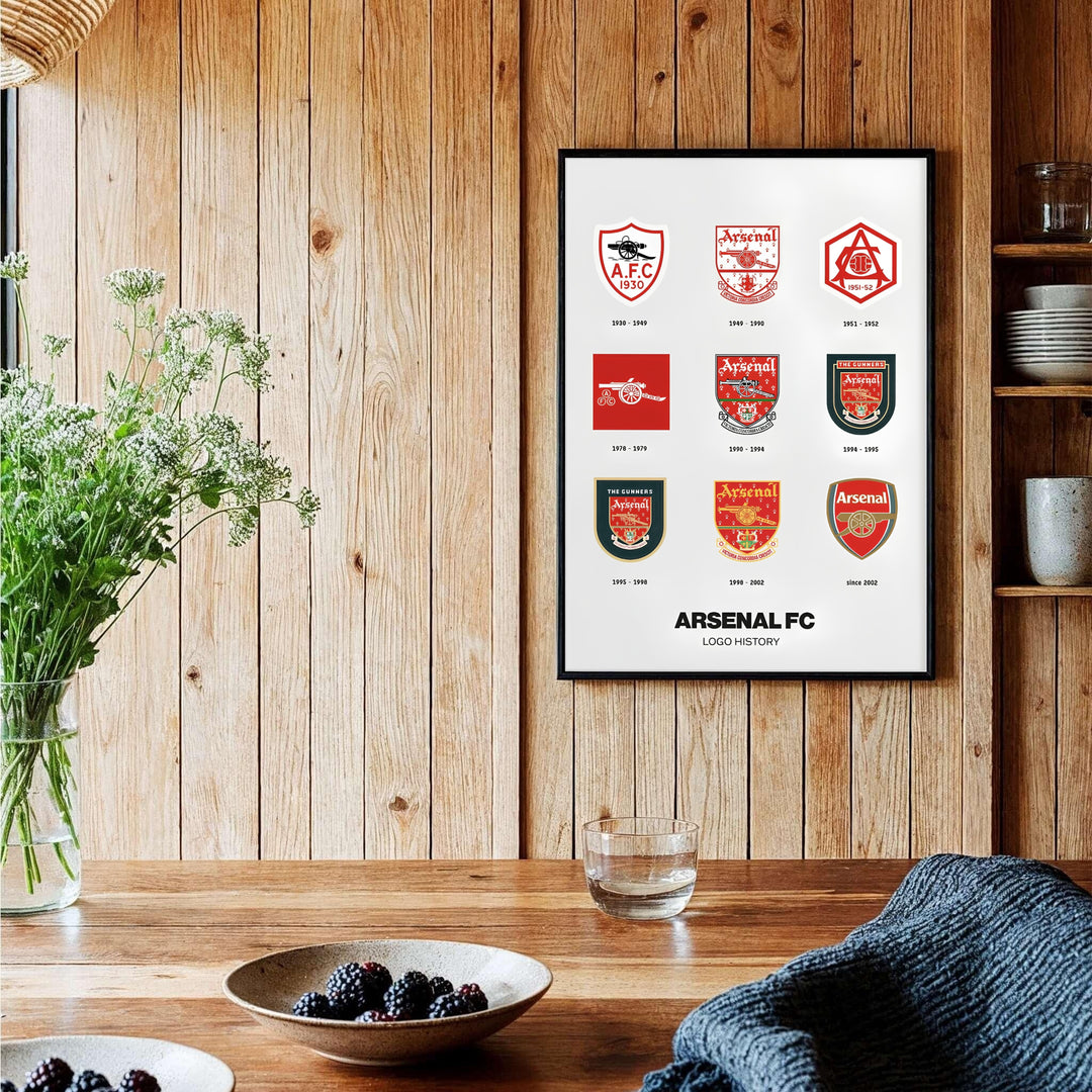 Arsenal FC badge collection poster displaying classic 1930s Art Deco and modern logos, provided by MapYourDreams with choices for unframed prints, stretched gallery canvas, or custom frames in natural wood and pure gold.