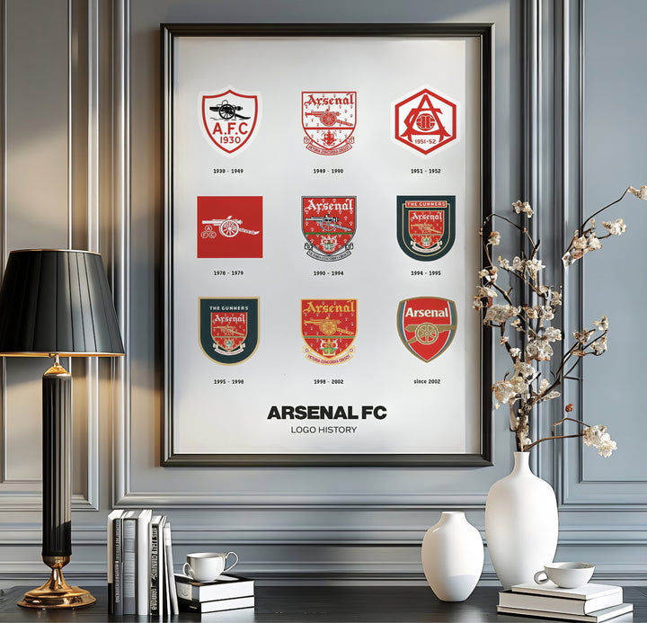 Minimalist sports logo history wall art print featuring red grid borders and crisp crest details, available at MapYourDreams as an unframed print, gallery canvas, or custom framed wall decor for Emirates Stadium followers.