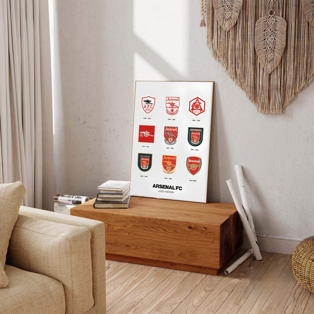 Classic English football emblem art print capturing over a century of team badge changes, produced by MapYourDreams with options like unframed matte paper, gallery canvas, or custom frame finishes in black and white.