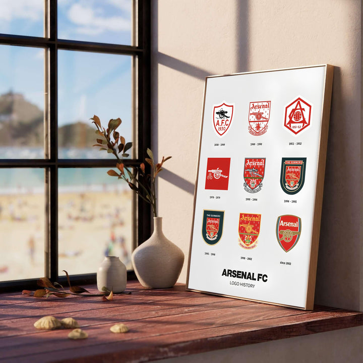 Gunners badge evolution wall decor displaying historical Victoria Concordia Crescit crests, presented by MapYourDreams as an unframed paper print, ready-to-hang gallery canvas, or custom framed print for home game rooms near London.