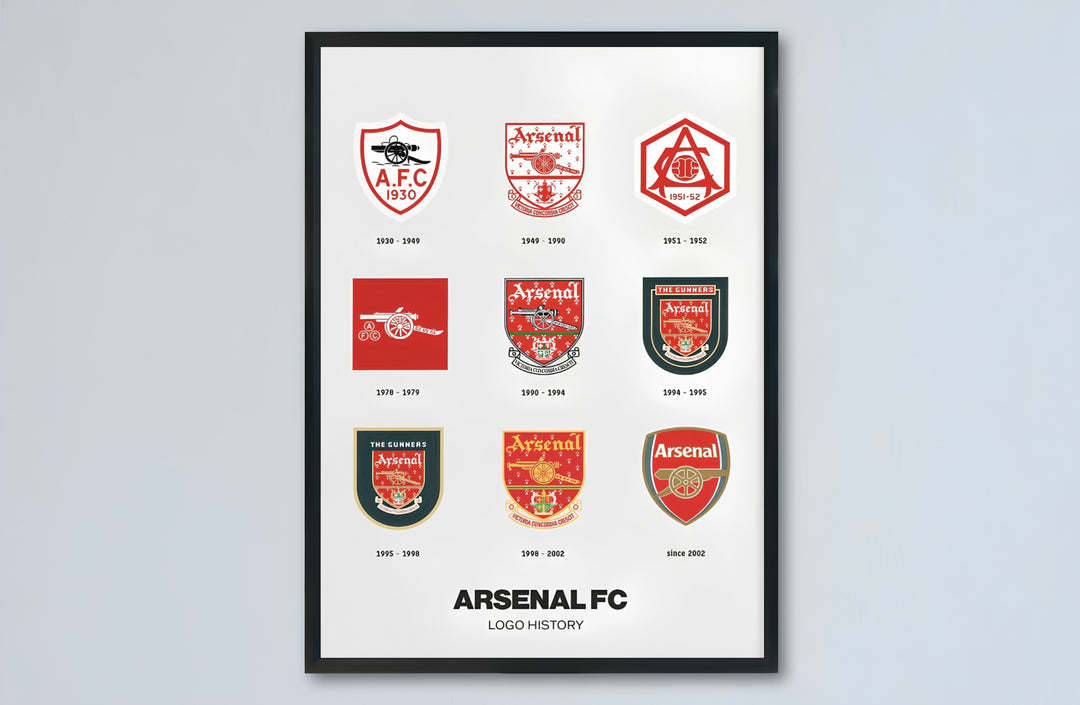 Football fan gift poster showing vintage and modern Arsenal crest designs side by side, available at MapYourDreams as an unframed paper print, stretched canvas wall art, or custom framed print for living rooms.